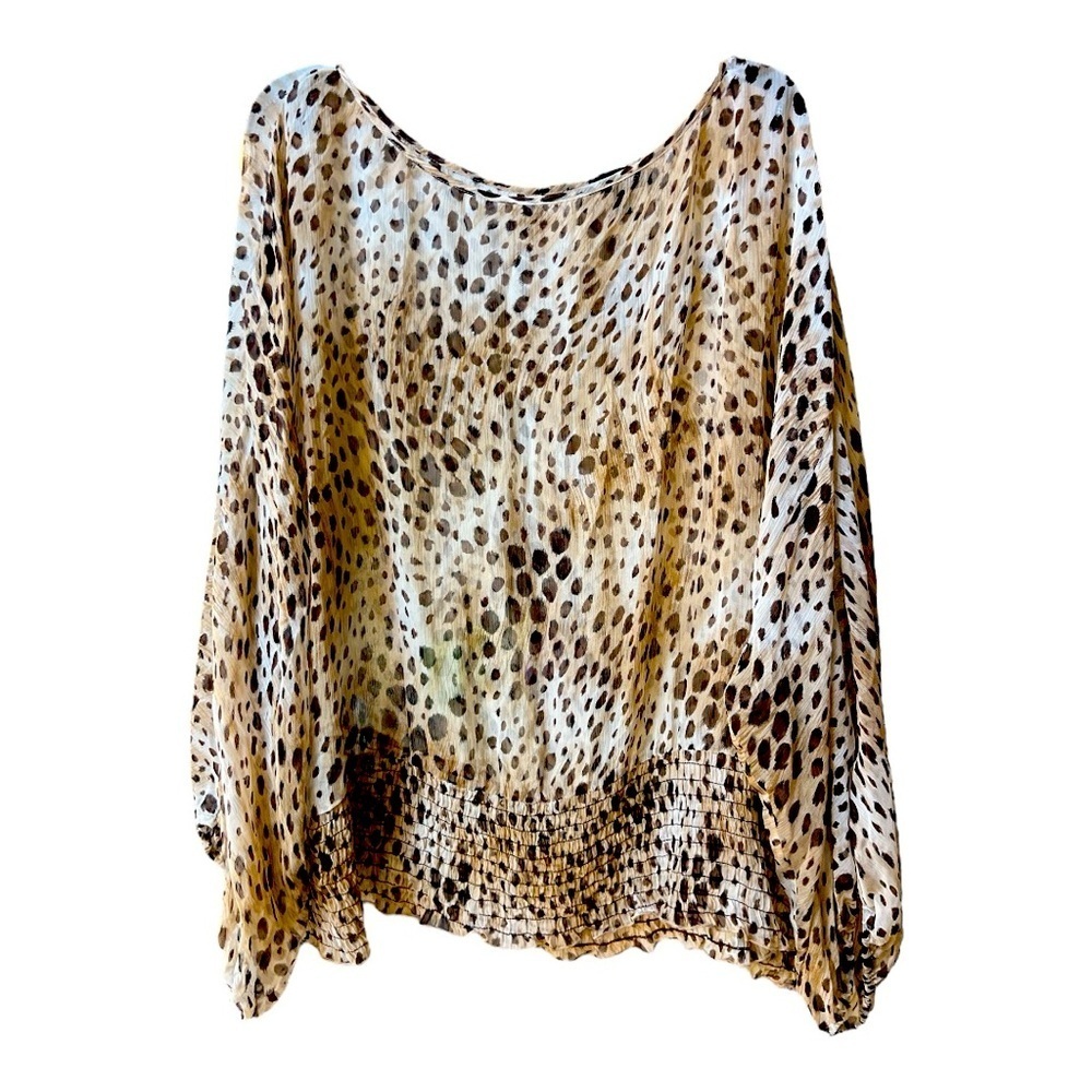Bebe Y2K Sheer indie Sleeve Cheetah Print Brown & Tan Scoop Neck Blouse SZ XXL